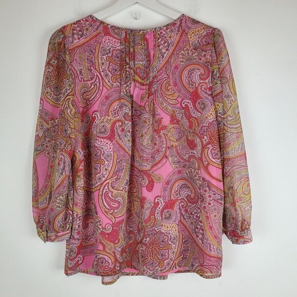 Tommy Hilfiger S Pink Paisley V-neck blouse 3/4 sleeves Retro Colorful - Picture 3 of 11